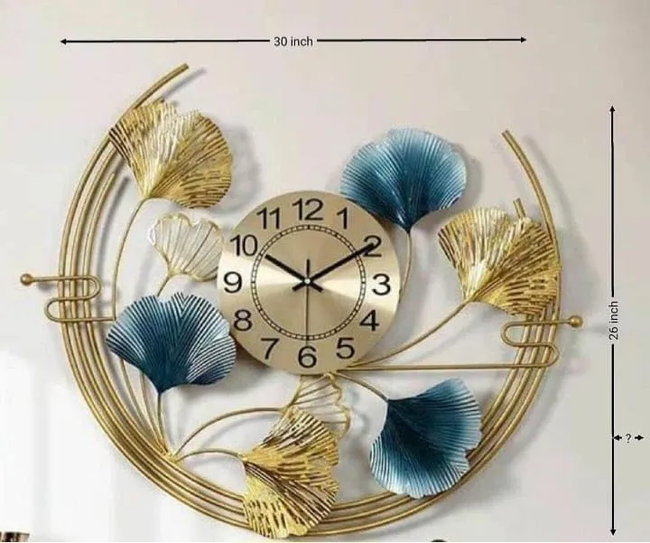 ULTRA SHINE HOME DECOR Half Moon Design Ginkgo Leaf Metal Wall Clock, Handmade for Home Decoration, Bedroom, Living Room, Hotel & Restaurant Decor (30 x 26 Inches)