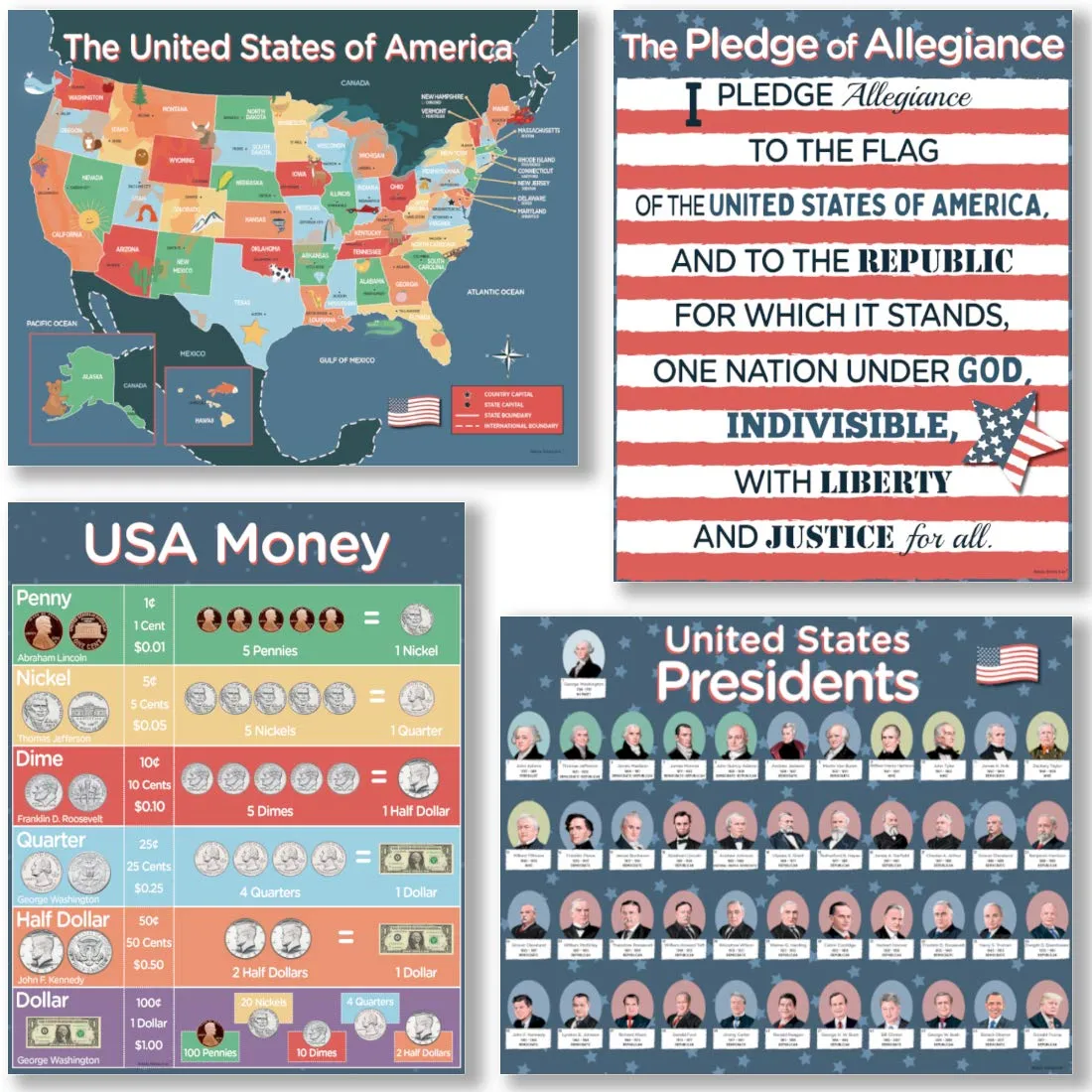 US History Classroom Decorations - 4 Pack Includes US Presidents Poster, Pledge