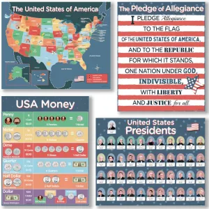 US History Classroom Decorations - 4 Pack Includes US Presidents Poster, Pledge