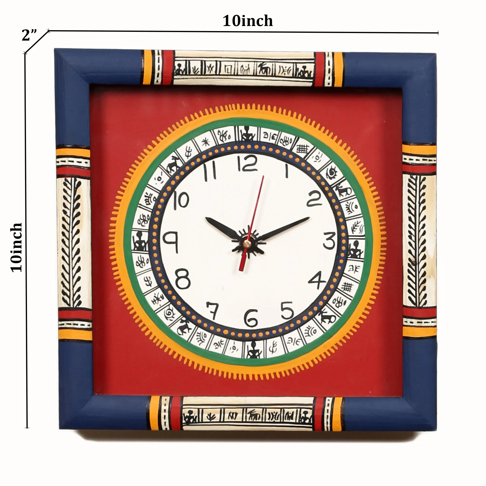 Wall Clock Handcrafted Warli Art Red Dial with Glass Frame (10x10)