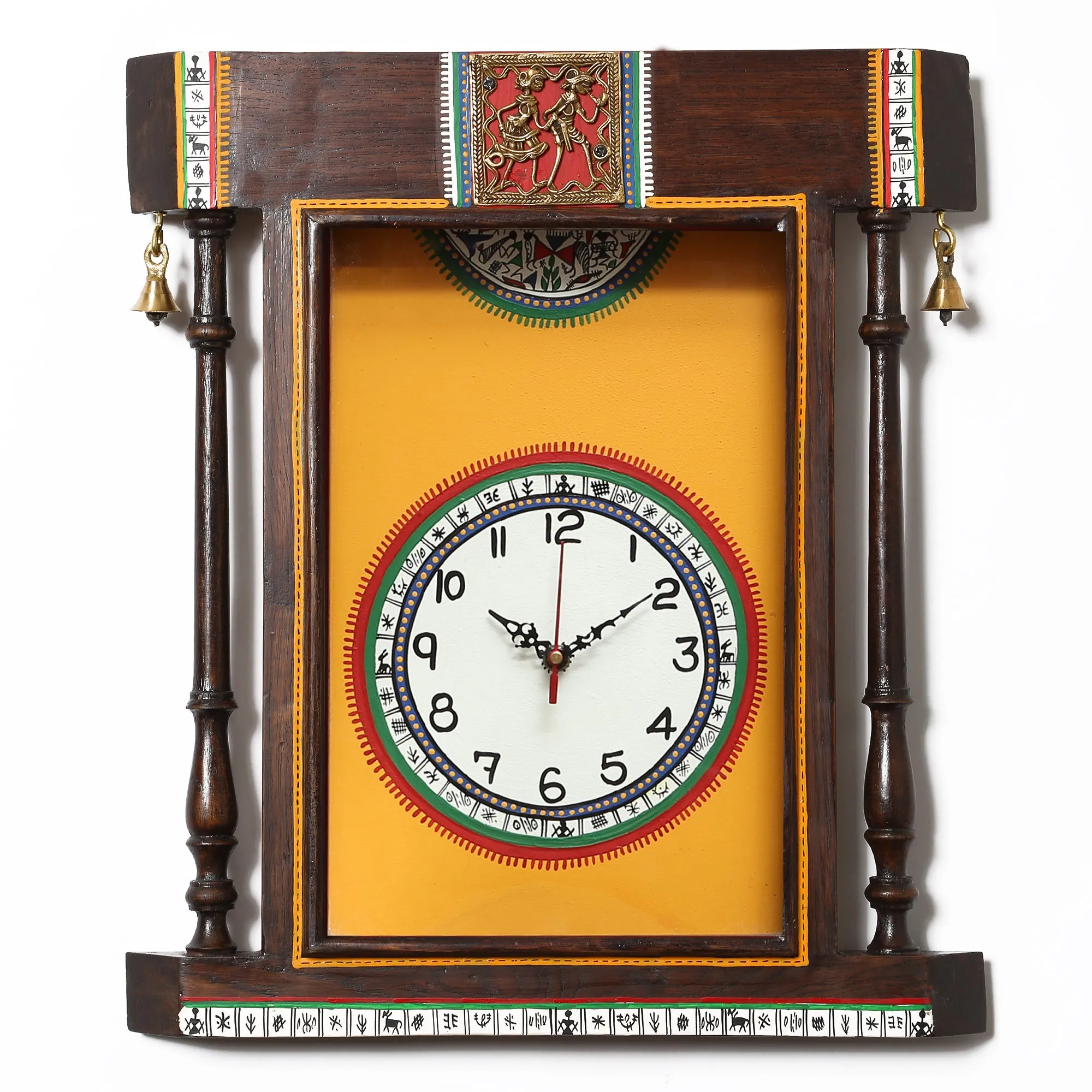Wall Clock Handcrafted Warli Art Yellow Dial with Glass Frame (14x16)