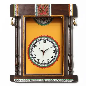 Wall Clock Handcrafted Warli Art Yellow Dial with Glass Frame (14x16)