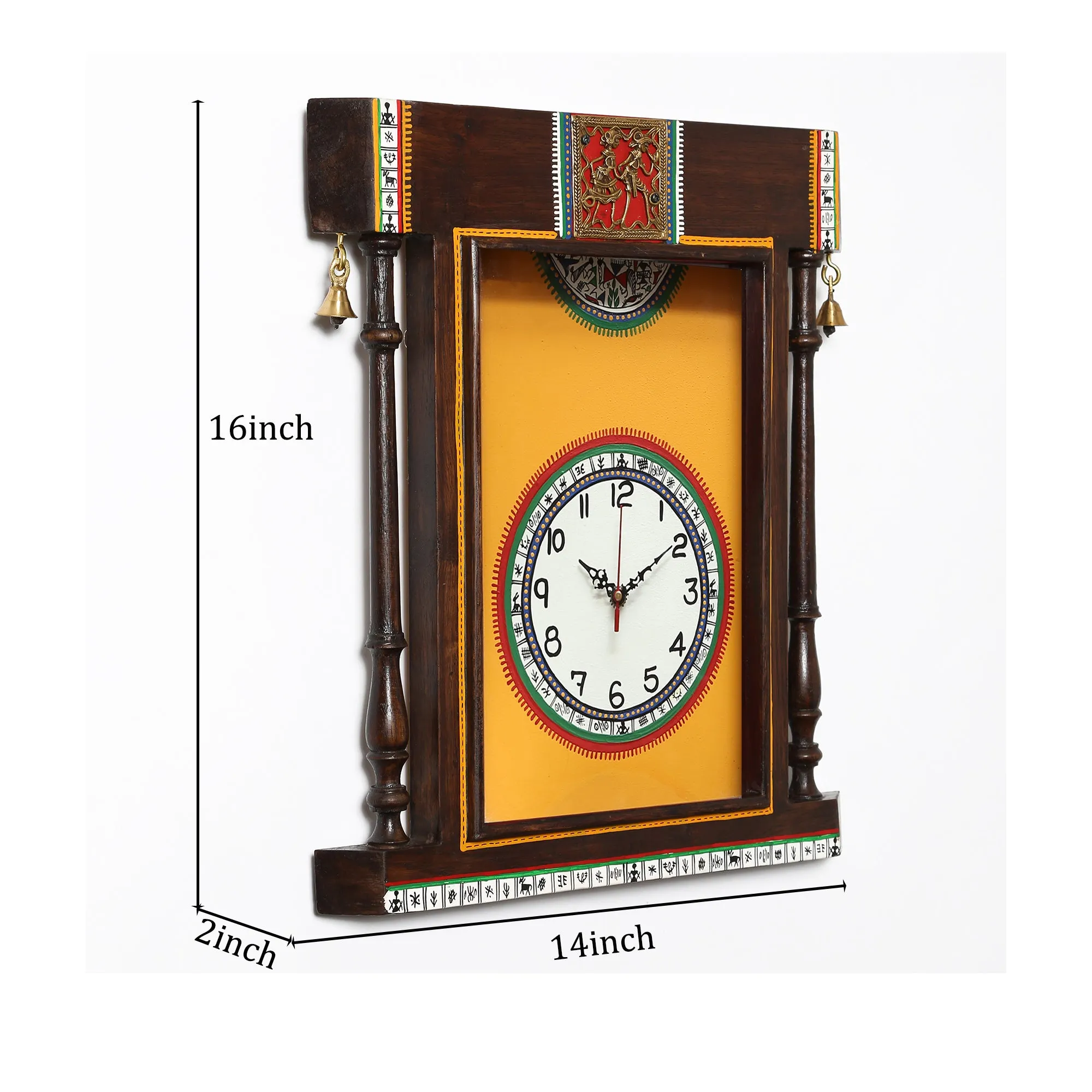 Wall Clock Handcrafted Warli Art Yellow Dial with Glass Frame (14x16)
