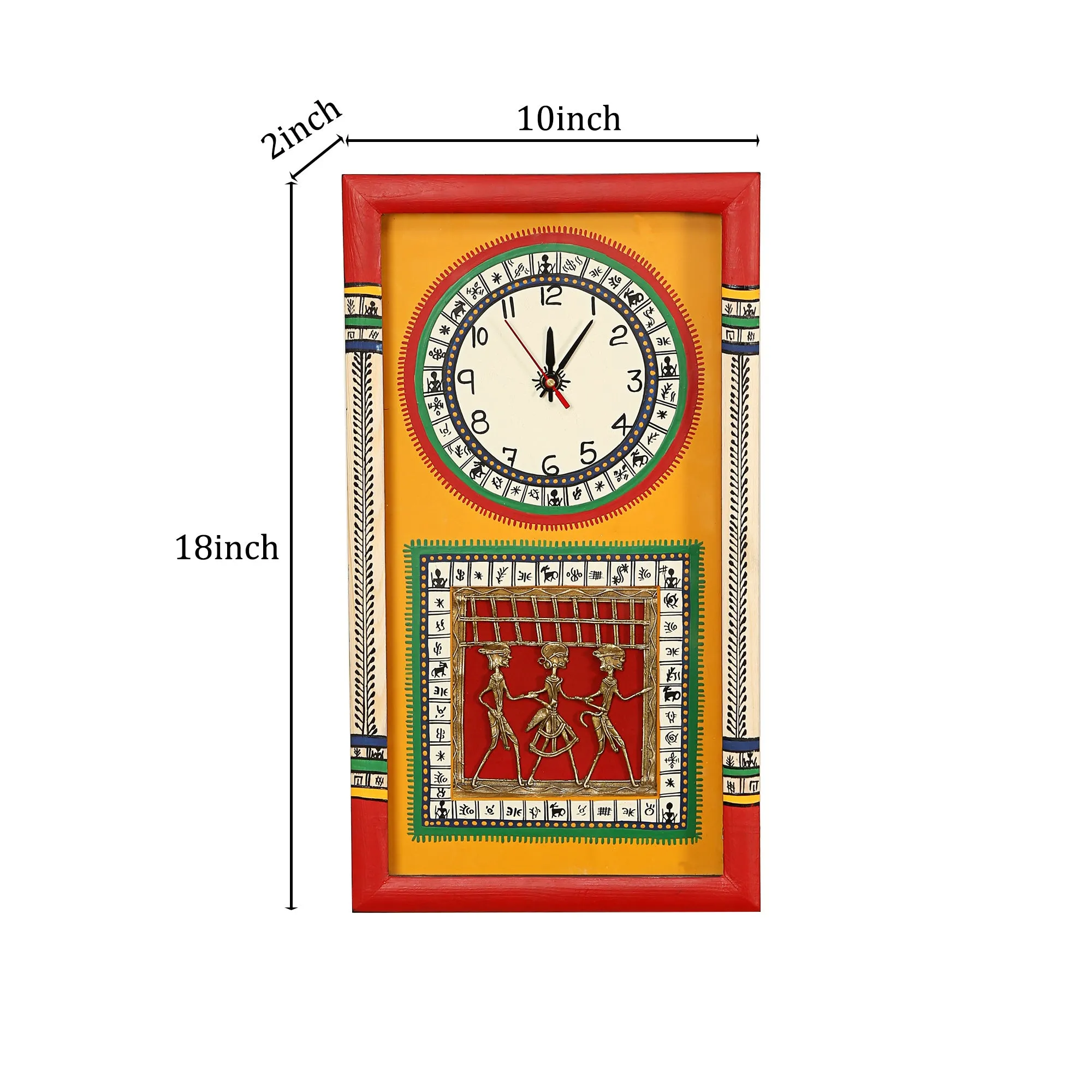 Wall Clock Handcrafted Warli/Dhokra Art Yellow Dial with Glass Frame (10x18)