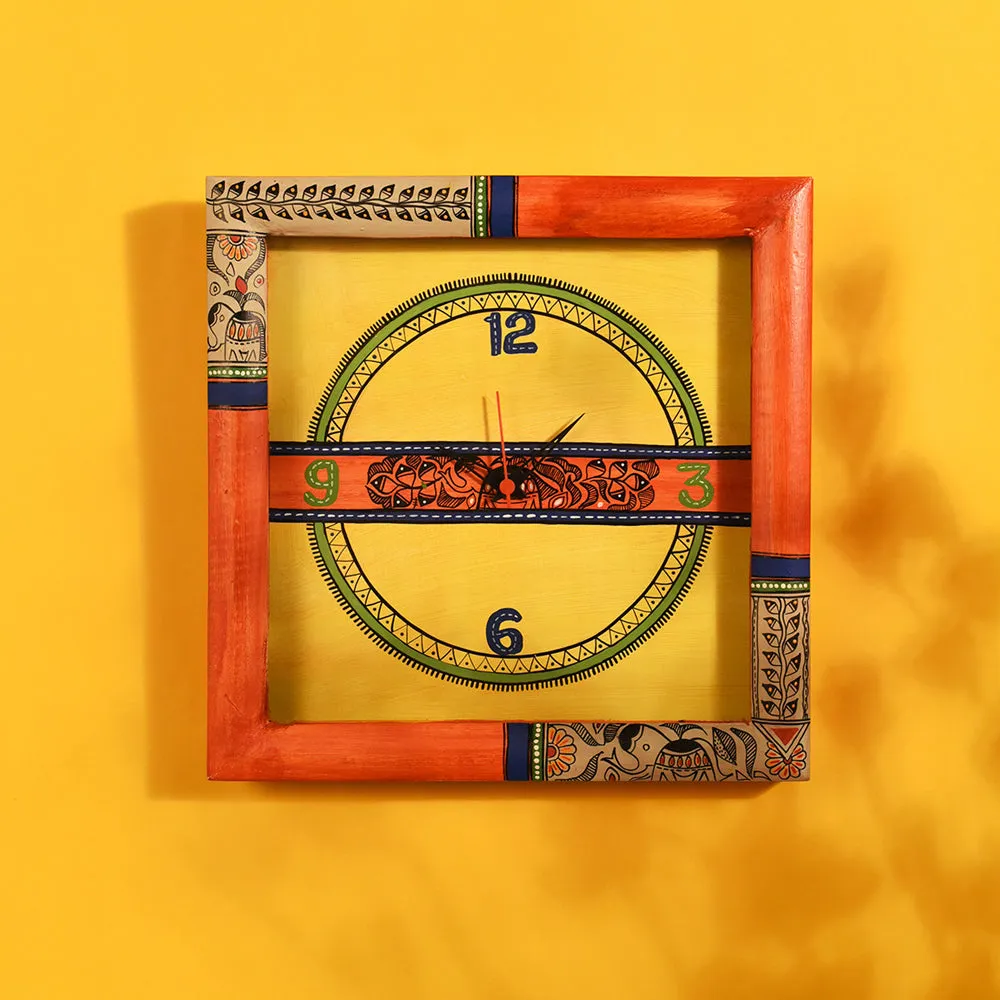 Wall Clock Handcrafted with Madhubani Art Orange Frame with Glass (10x2x10)