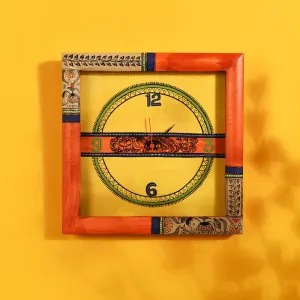 Wall Clock Handcrafted with Madhubani Art Orange Frame with Glass (10x2x10)