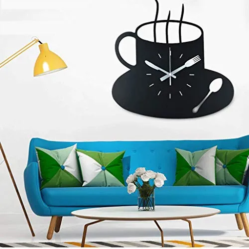 Wall Clocks Battery Operated Coffee Cup Wall Clock Art Deco Clock Wall Decoration Living Room Bedroom Black 48x48cm (Size : 38x38cm)