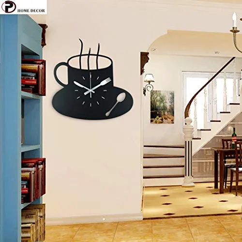 Wall Clocks Battery Operated Coffee Cup Wall Clock Art Deco Clock Wall Decoration Living Room Bedroom Black 48x48cm (Size : 38x38cm)