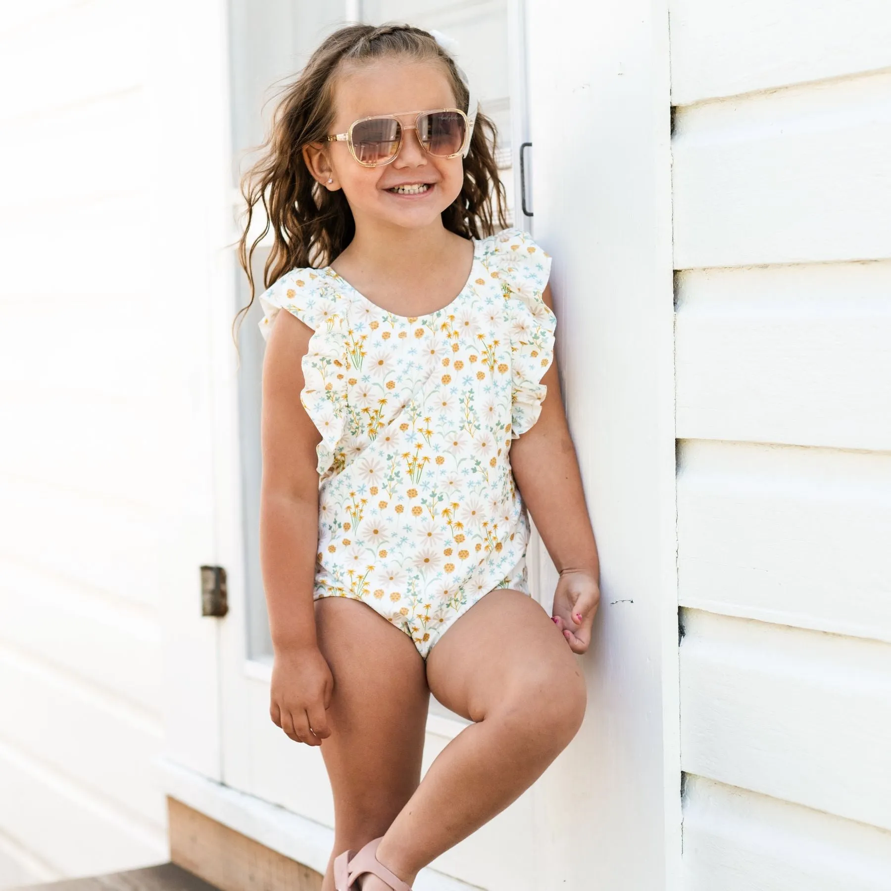 Whimsical Floral Ruffle Sleeves One-Piece Bathing Suit