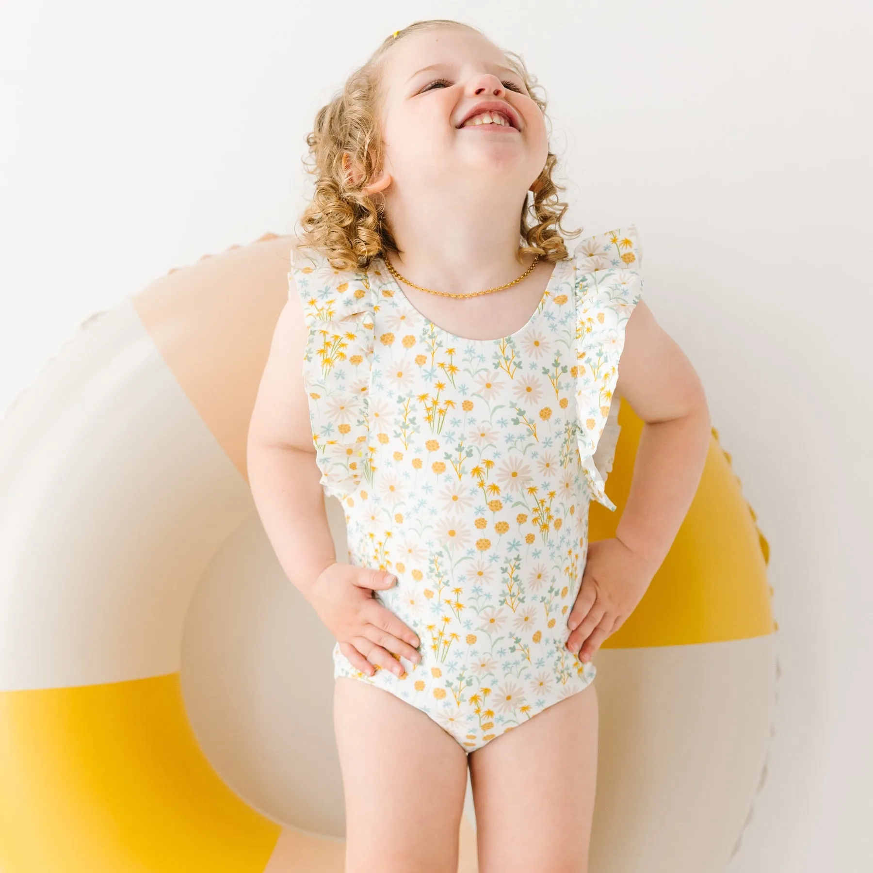 Whimsical Floral Ruffle Sleeves One-Piece Bathing Suit