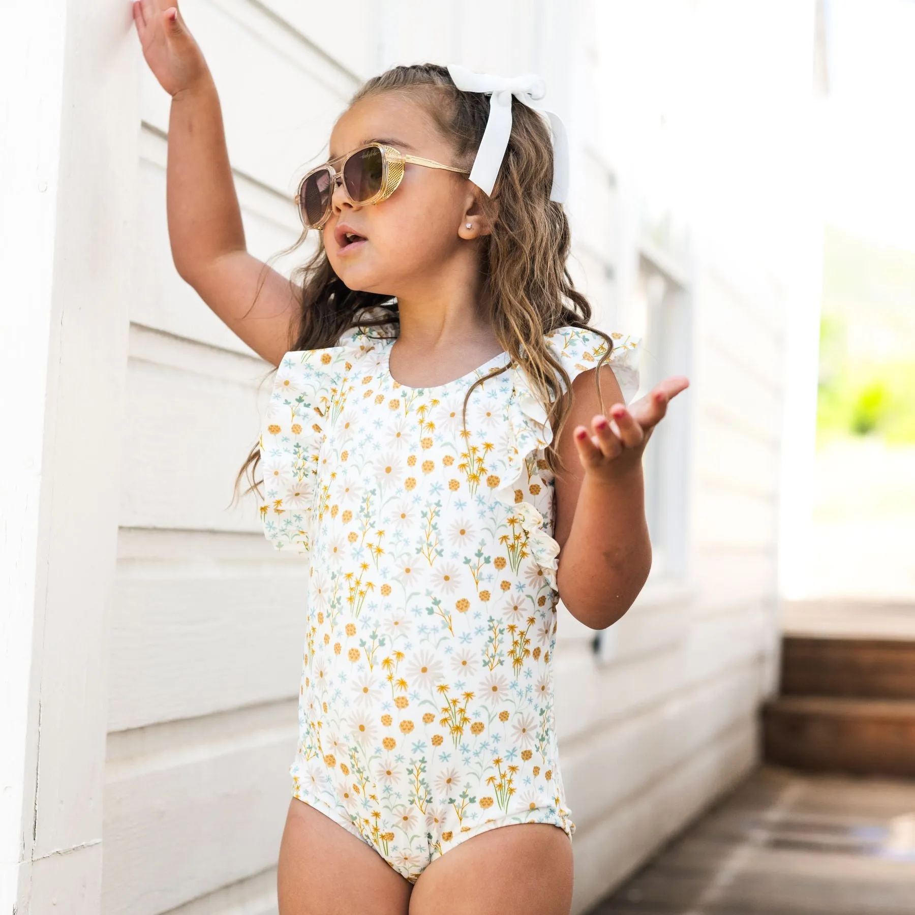 Whimsical Floral Ruffle Sleeves One-Piece Bathing Suit