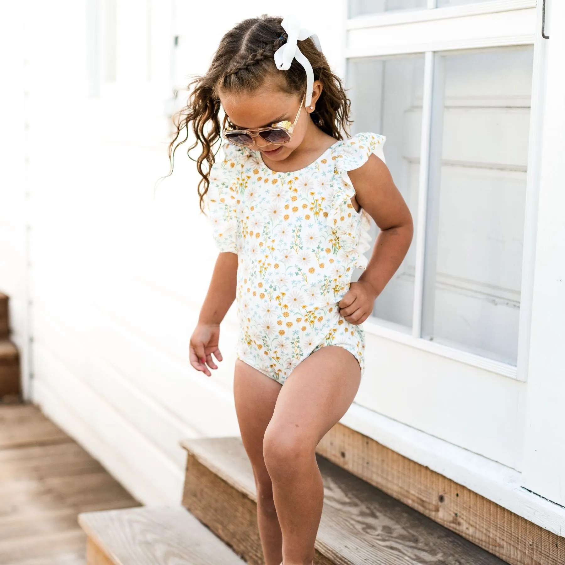 Whimsical Floral Ruffle Sleeves One-Piece Bathing Suit