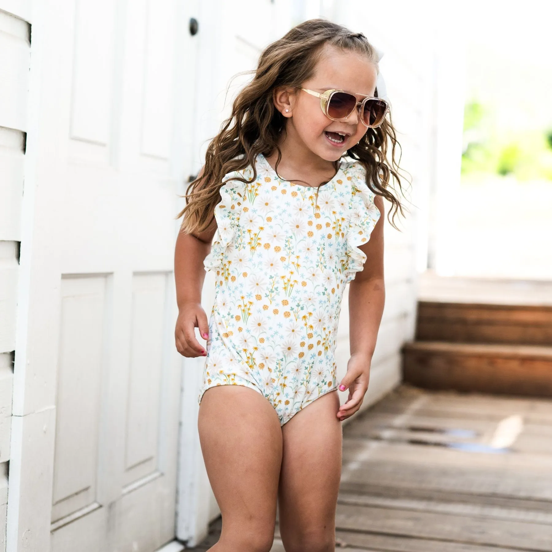 Whimsical Floral Ruffle Sleeves One-Piece Bathing Suit