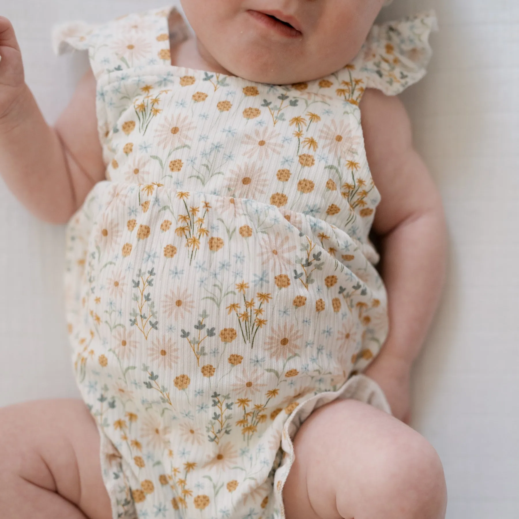 Whimsical Floral Small Ribbed Flutter Sleeve Romper
