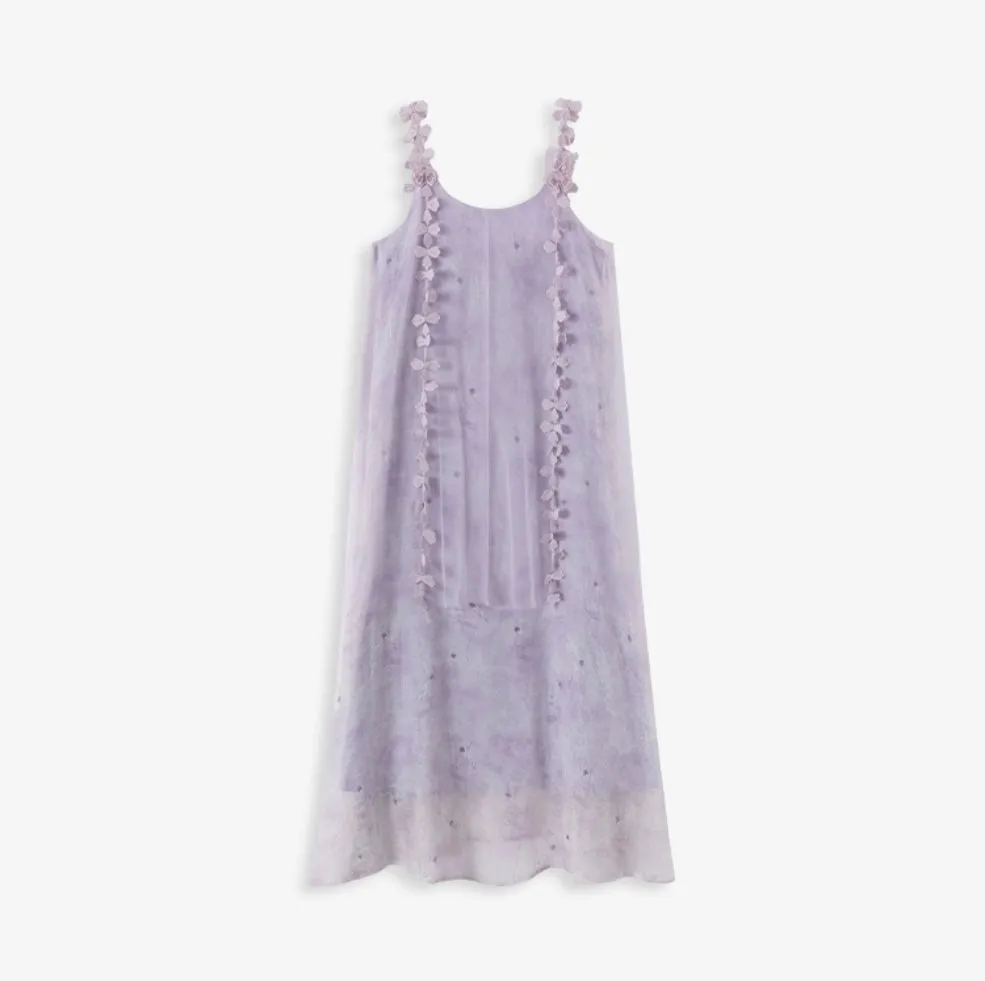 Whimsical Petal-Strap Floral Mesh Midi Dress
