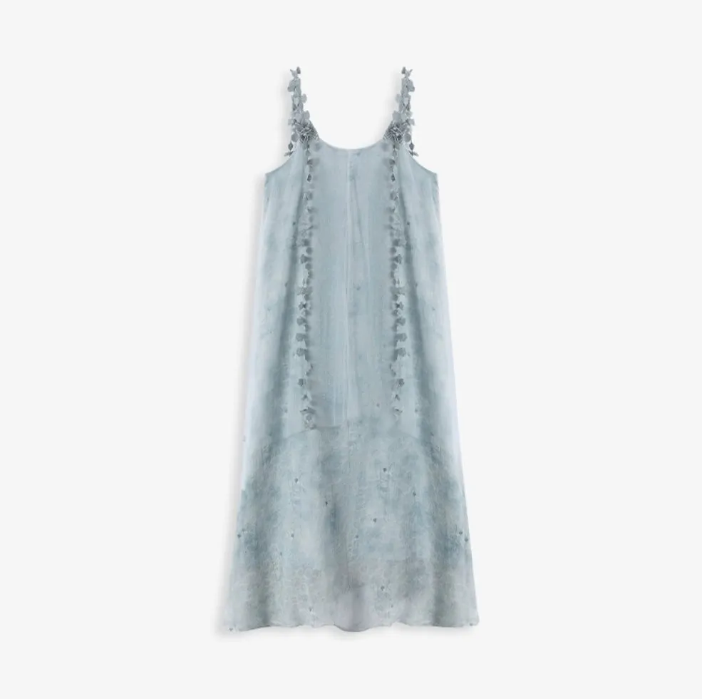 Whimsical Petal-Strap Floral Mesh Midi Dress