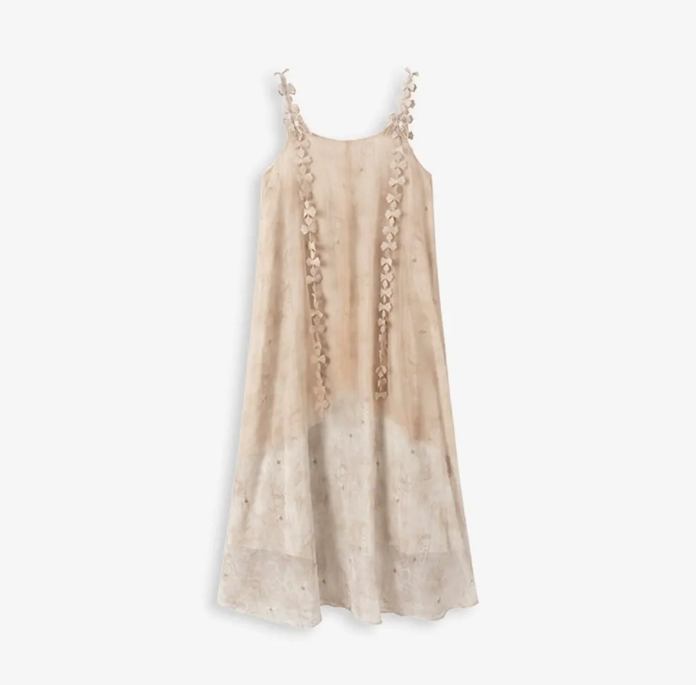 Whimsical Petal-Strap Floral Mesh Midi Dress
