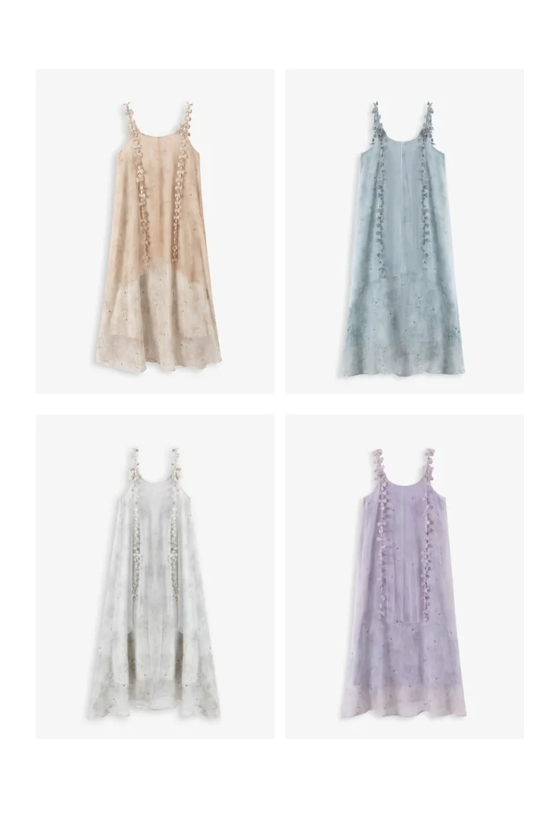 Whimsical Petal-Strap Floral Mesh Midi Dress
