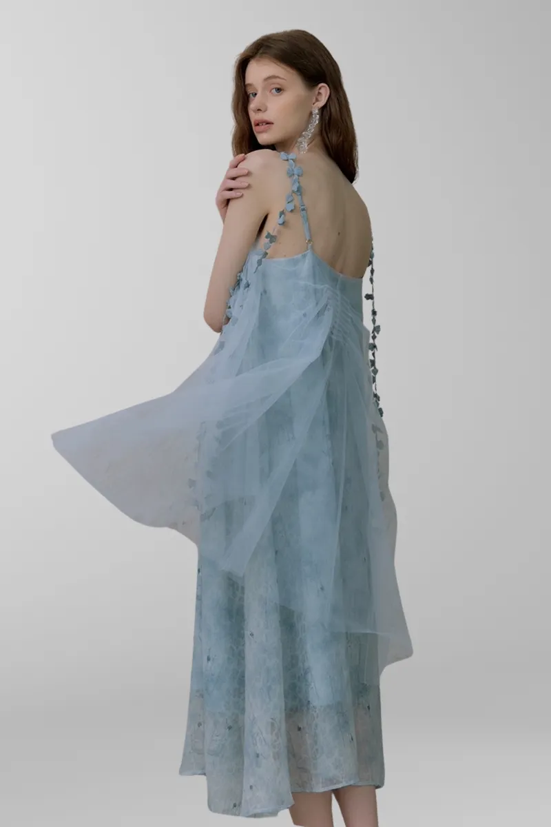 Whimsical Petal-Strap Floral Mesh Midi Dress