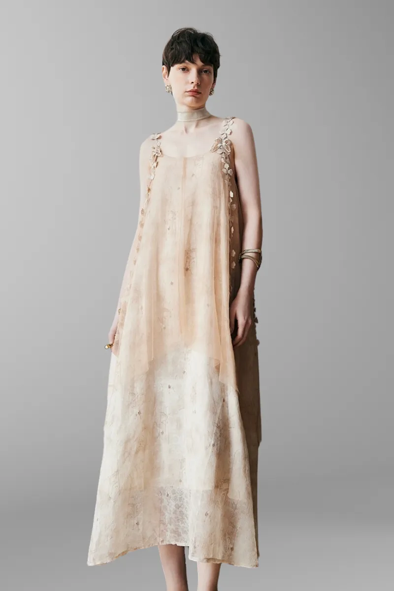 Whimsical Petal-Strap Floral Mesh Midi Dress