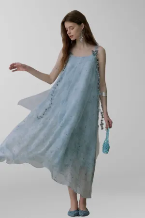 Whimsical Petal-Strap Floral Mesh Midi Dress