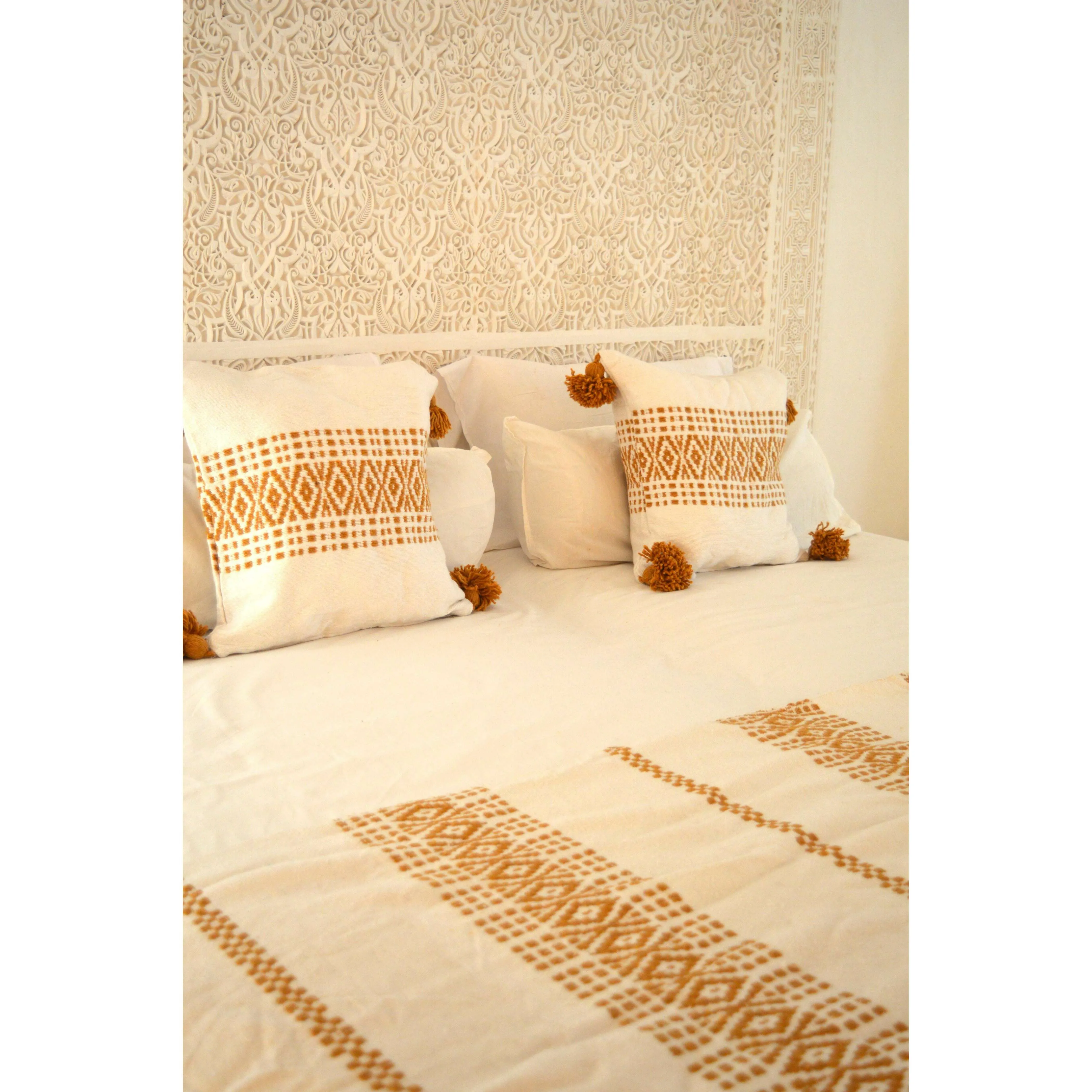 White & Mustard Berber Style Moroccan Handwoven Bed-End Cover Blanket