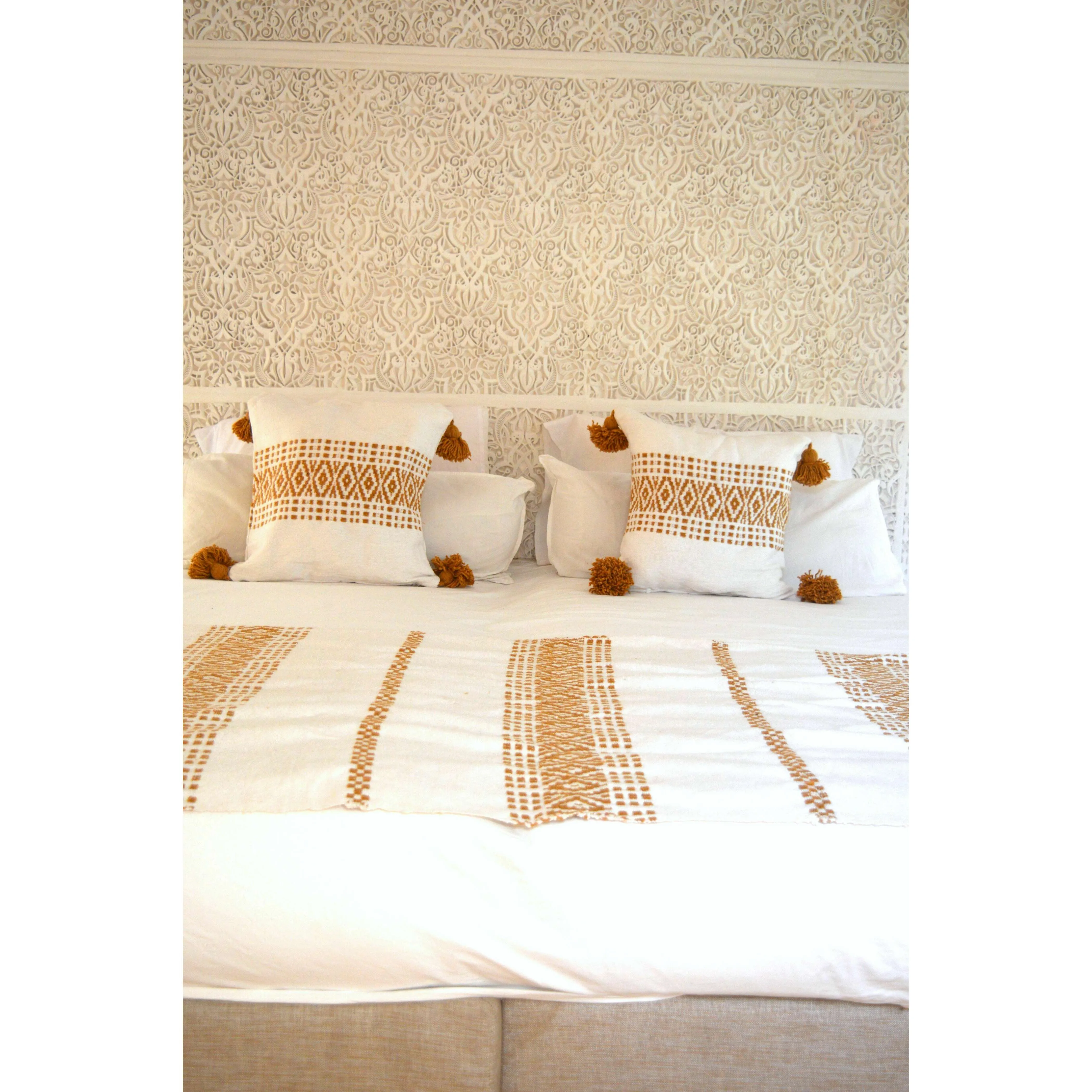 White & Mustard Berber Style Moroccan Handwoven Bed-End Cover Blanket