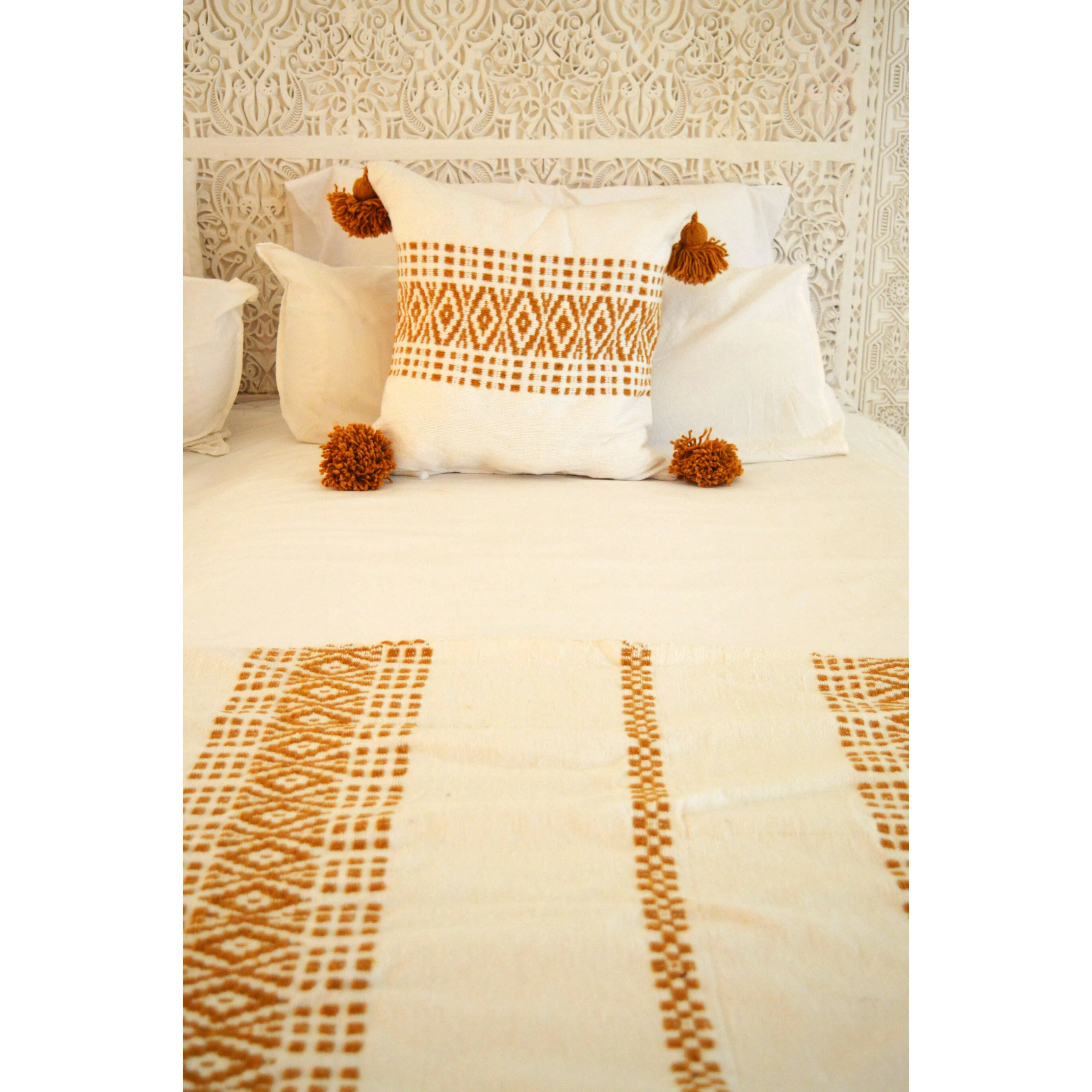 White & Mustard Berber Style Moroccan Handwoven Bed-End Cover Blanket