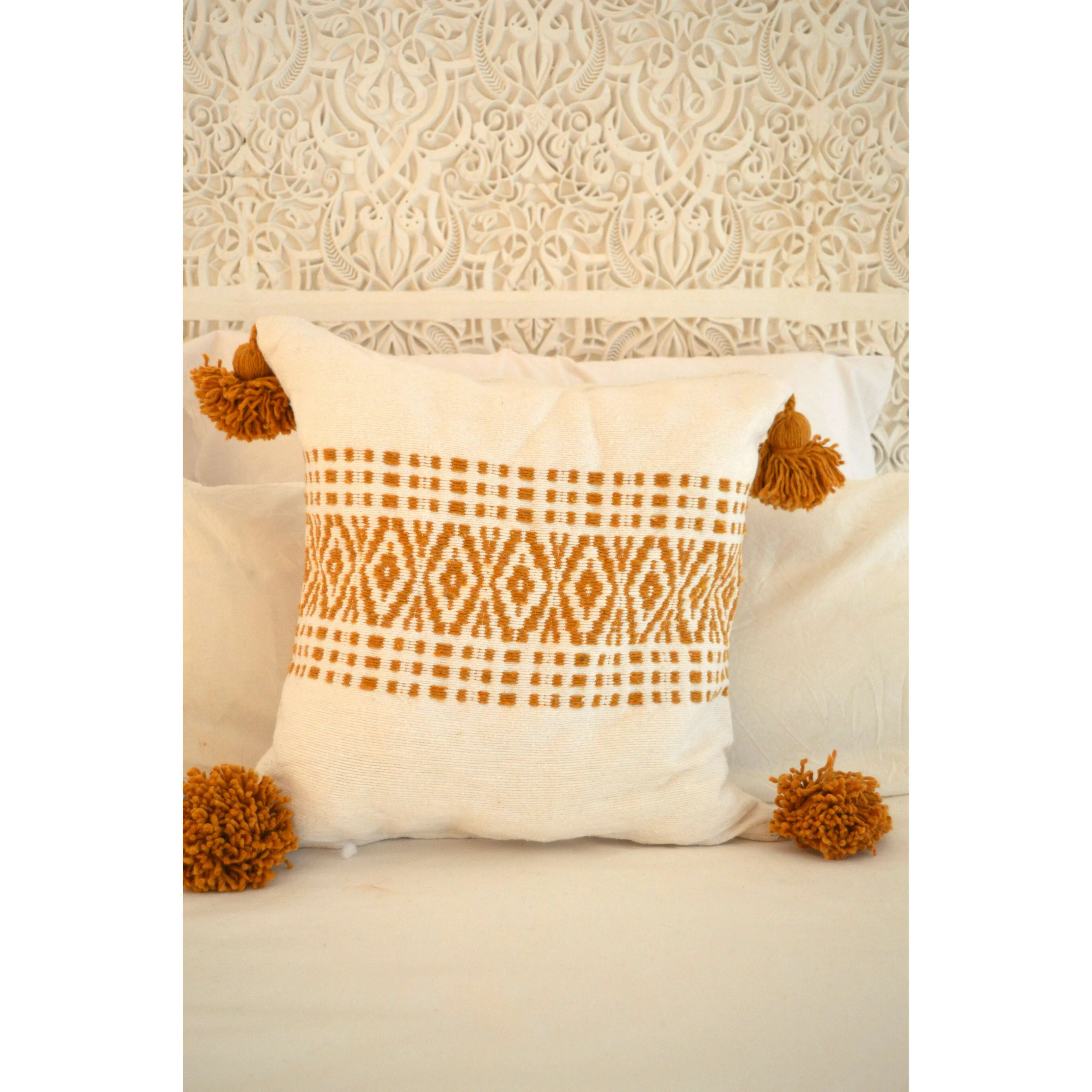 White & Mustard Berber Style Moroccan Handwoven Bed-End Cover Blanket