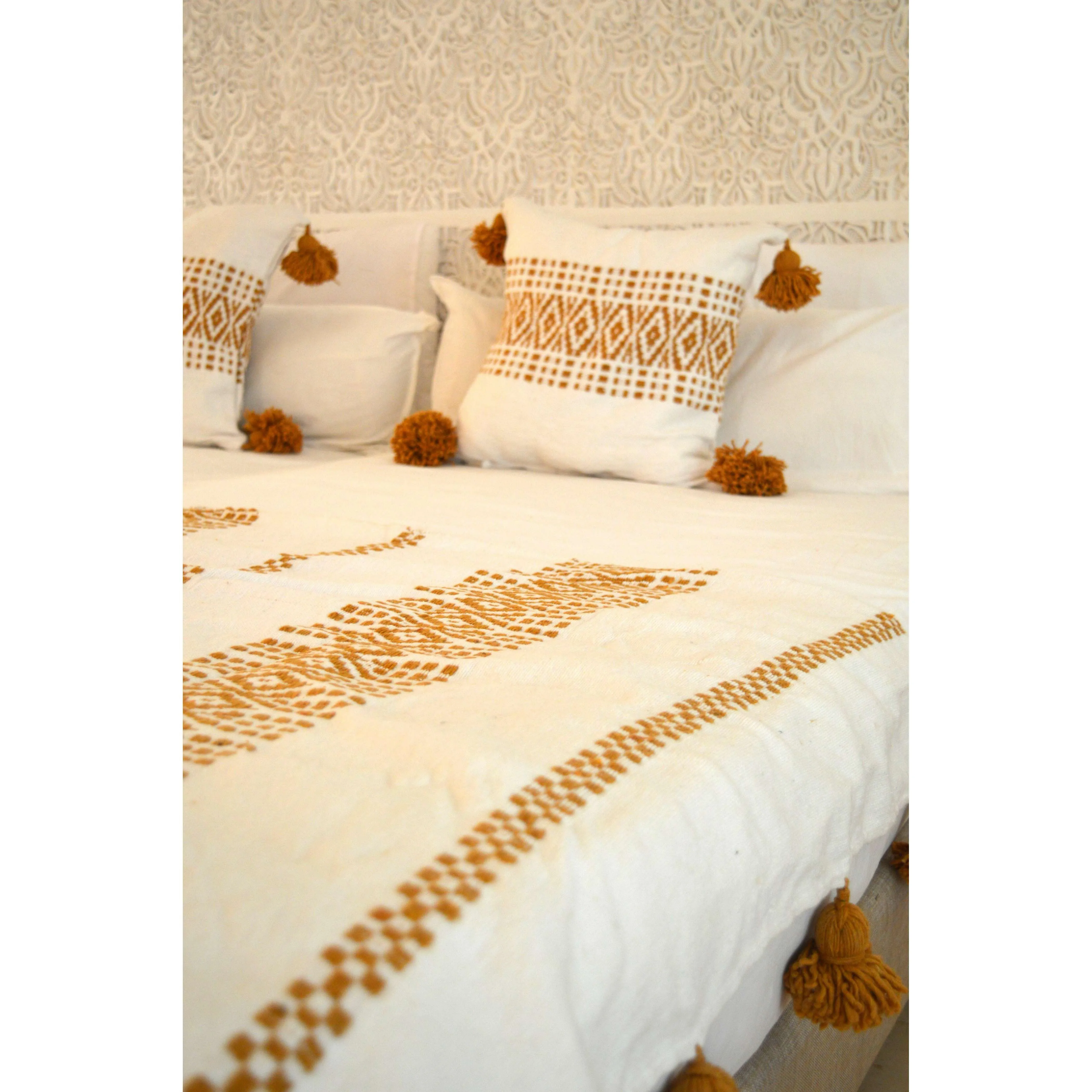 White & Mustard Berber Style Moroccan Handwoven Bed-End Cover Blanket