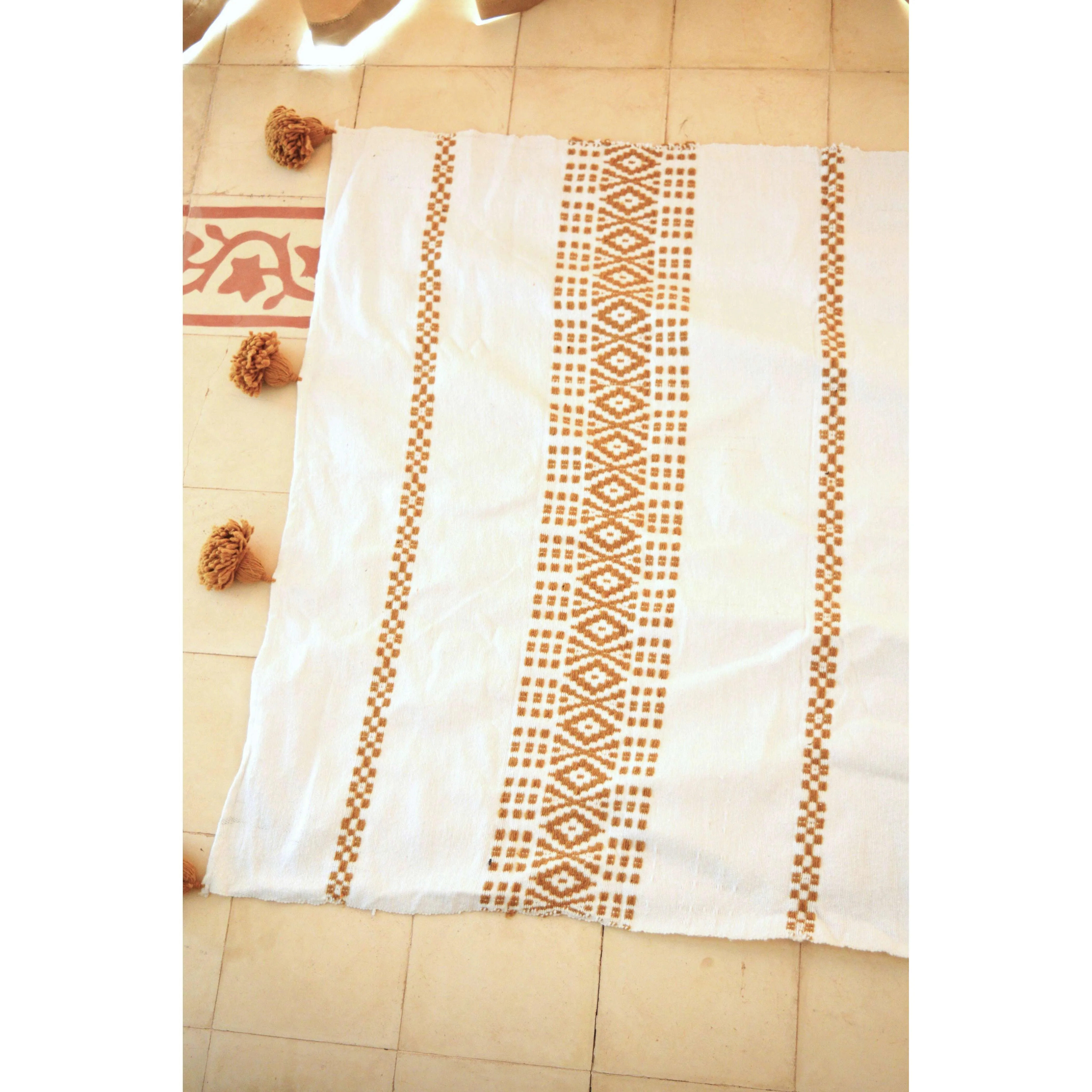 White & Mustard Berber Style Moroccan Handwoven Bed-End Cover Blanket