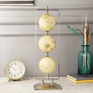 Wooden Twist Vertical Triple Iron Globe Stand Cream Finish, Handcrafted Home Decor, Unique Vintage Style Display