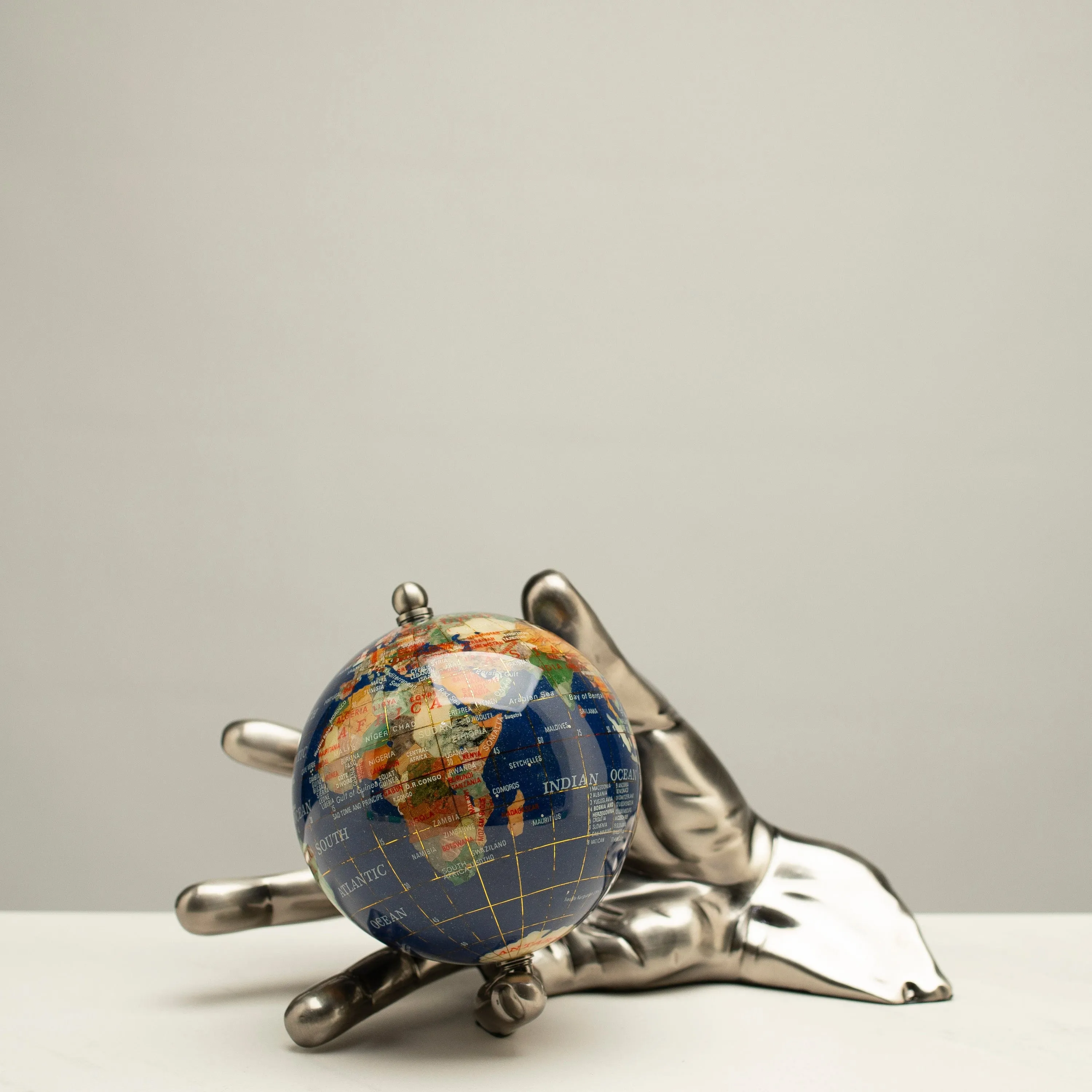 World In Your Hand - Gemstone Globe with Lapis Ocean Embraced with Antique Silver Base