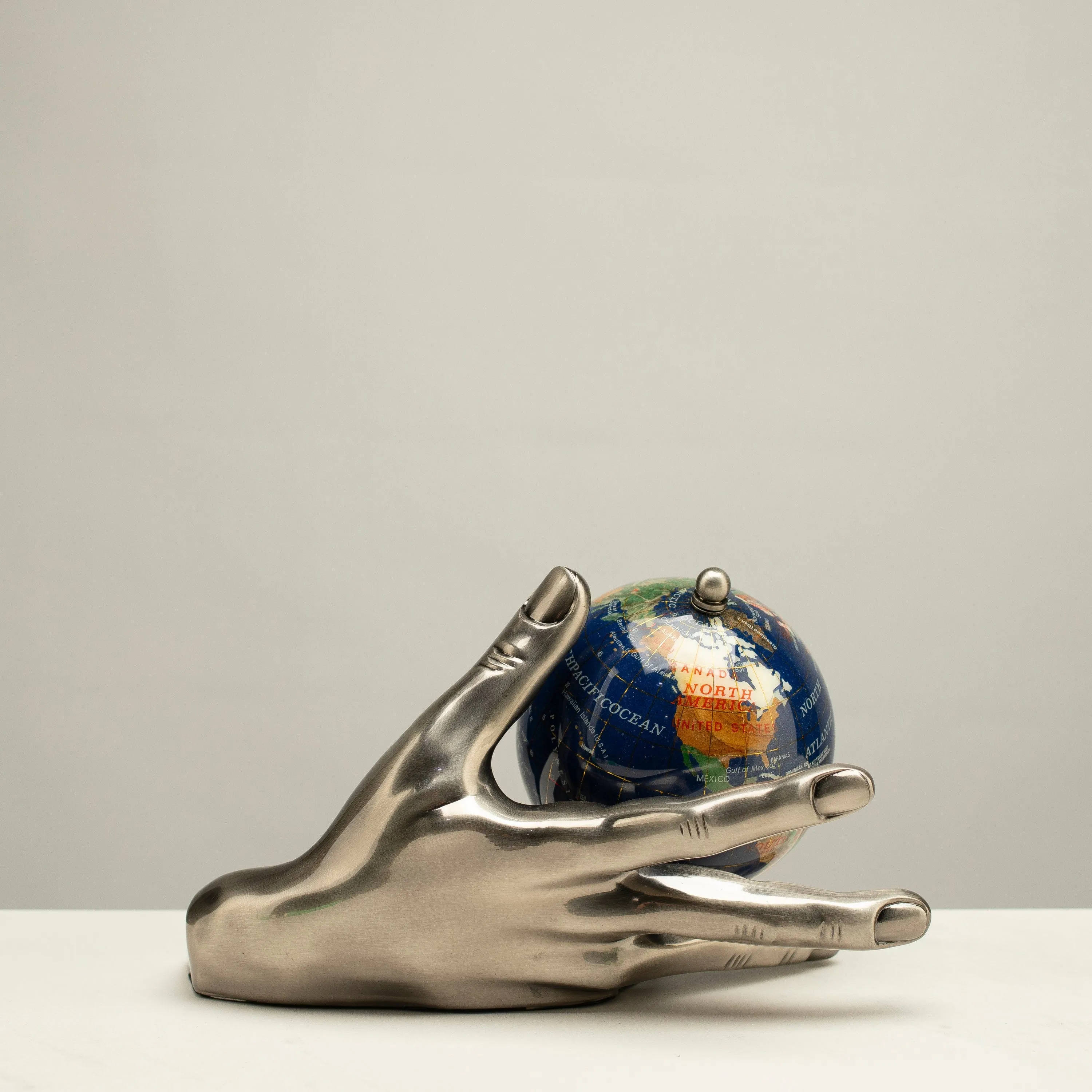 World In Your Hand - Gemstone Globe with Lapis Ocean Embraced with Antique Silver Base