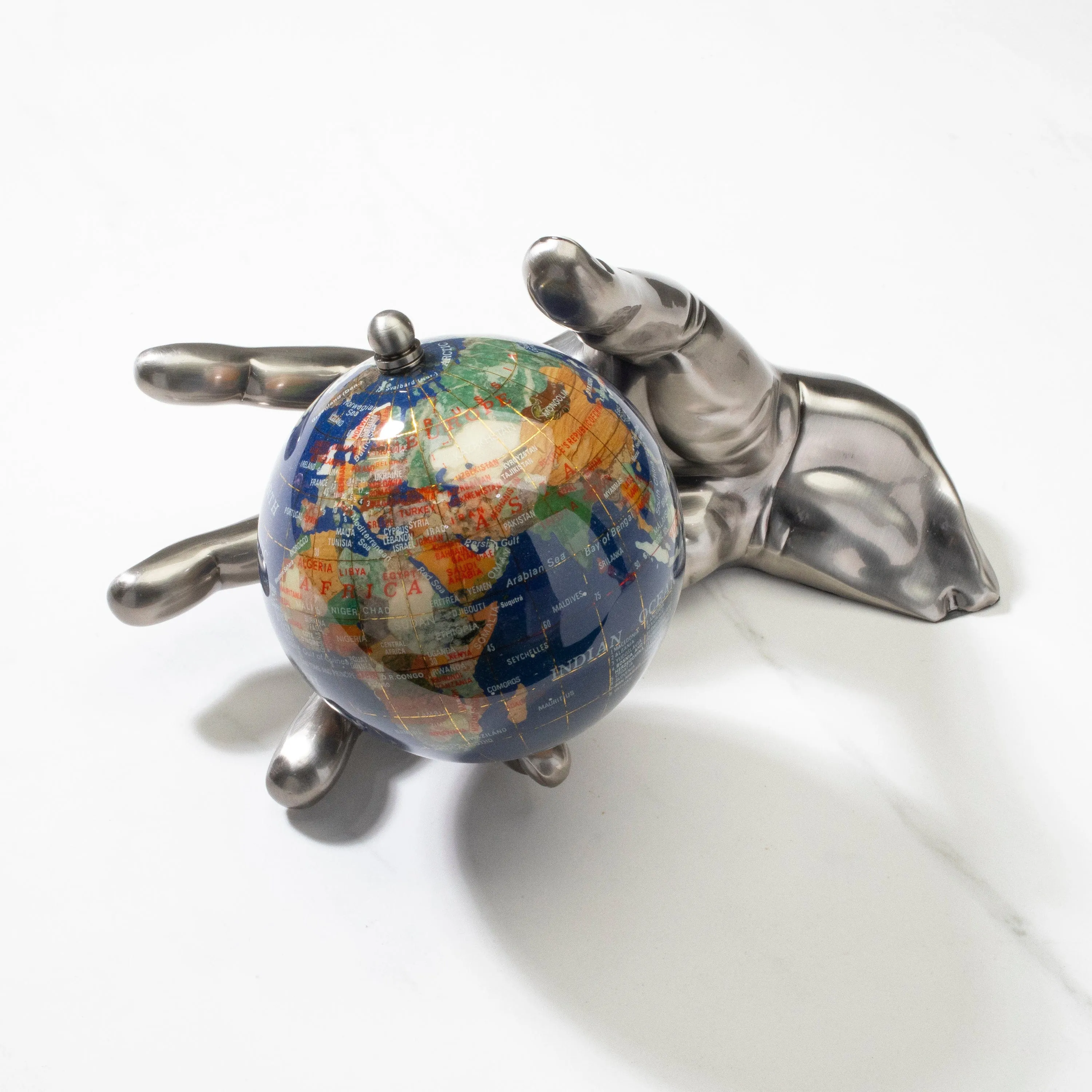 World In Your Hand - Gemstone Globe with Lapis Ocean Embraced with Antique Silver Base
