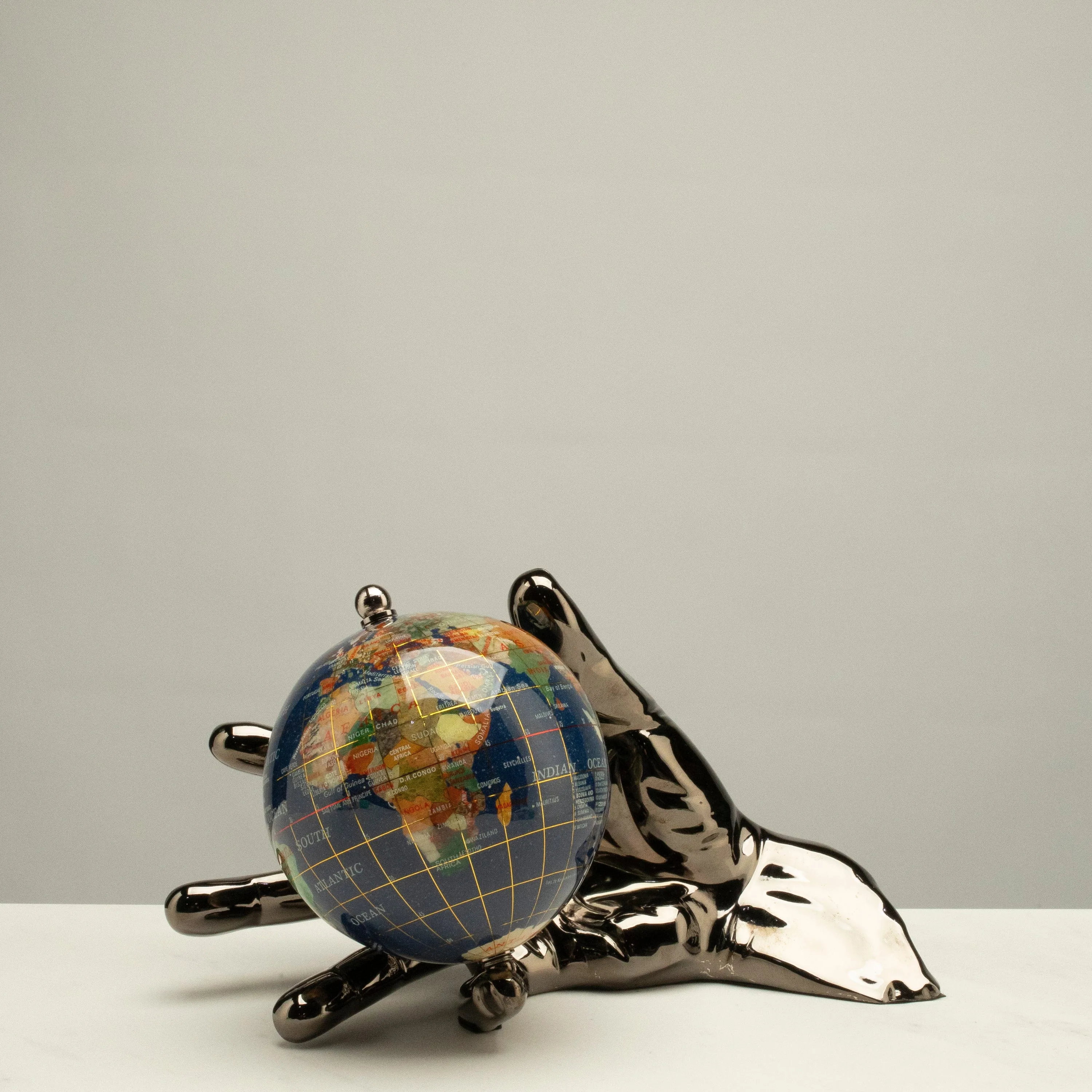 World In Your Hand - Gemstone Globe with Lapis Ocean Embraced with Gun Metal Base