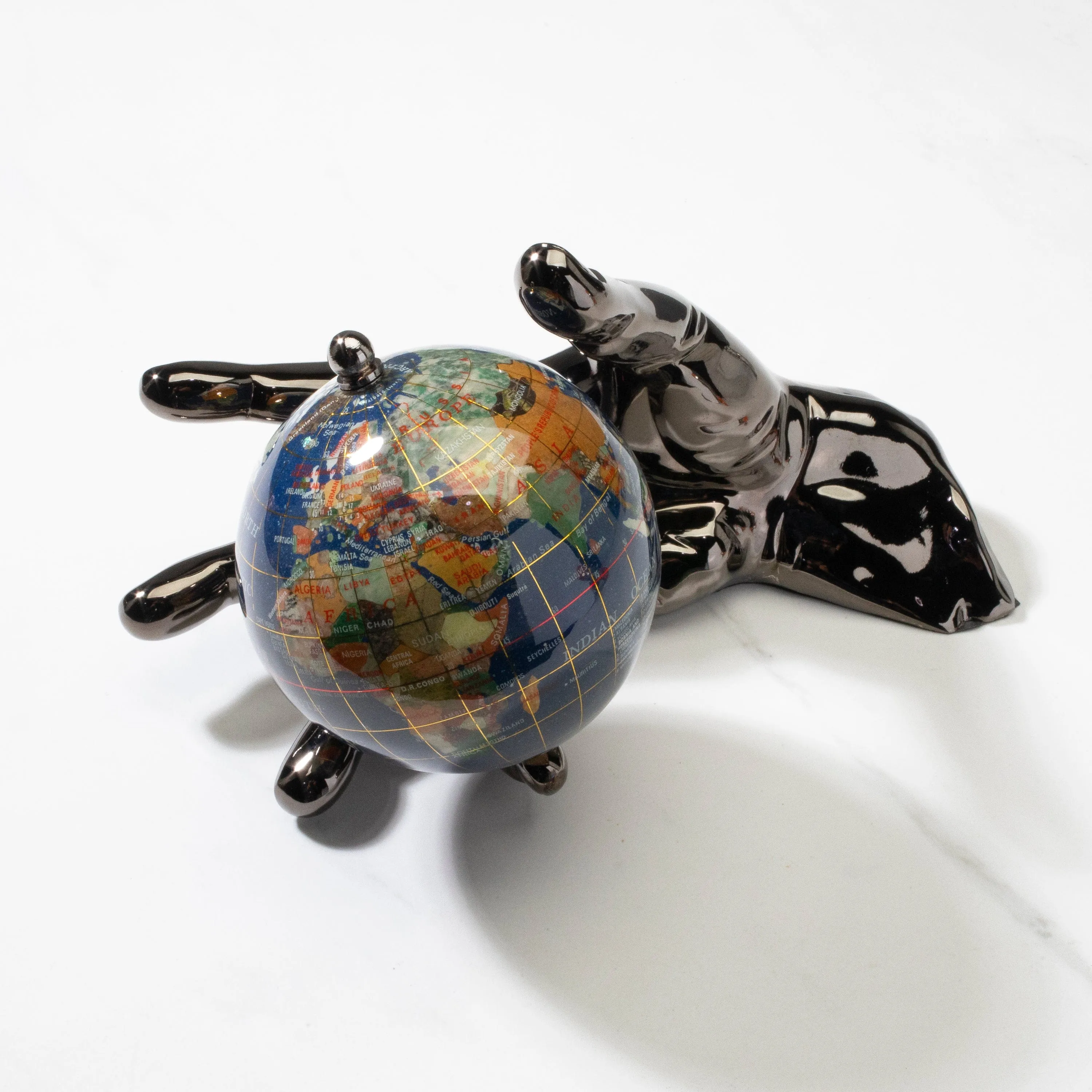 World In Your Hand - Gemstone Globe with Lapis Ocean Embraced with Gun Metal Base